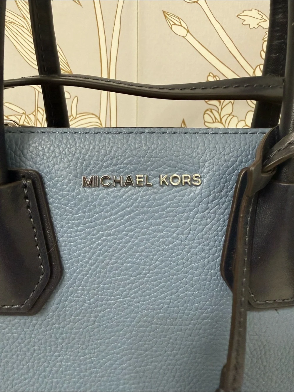 Michael Kors Dusty Blue Pebbled Leather Satchel with Black Trim